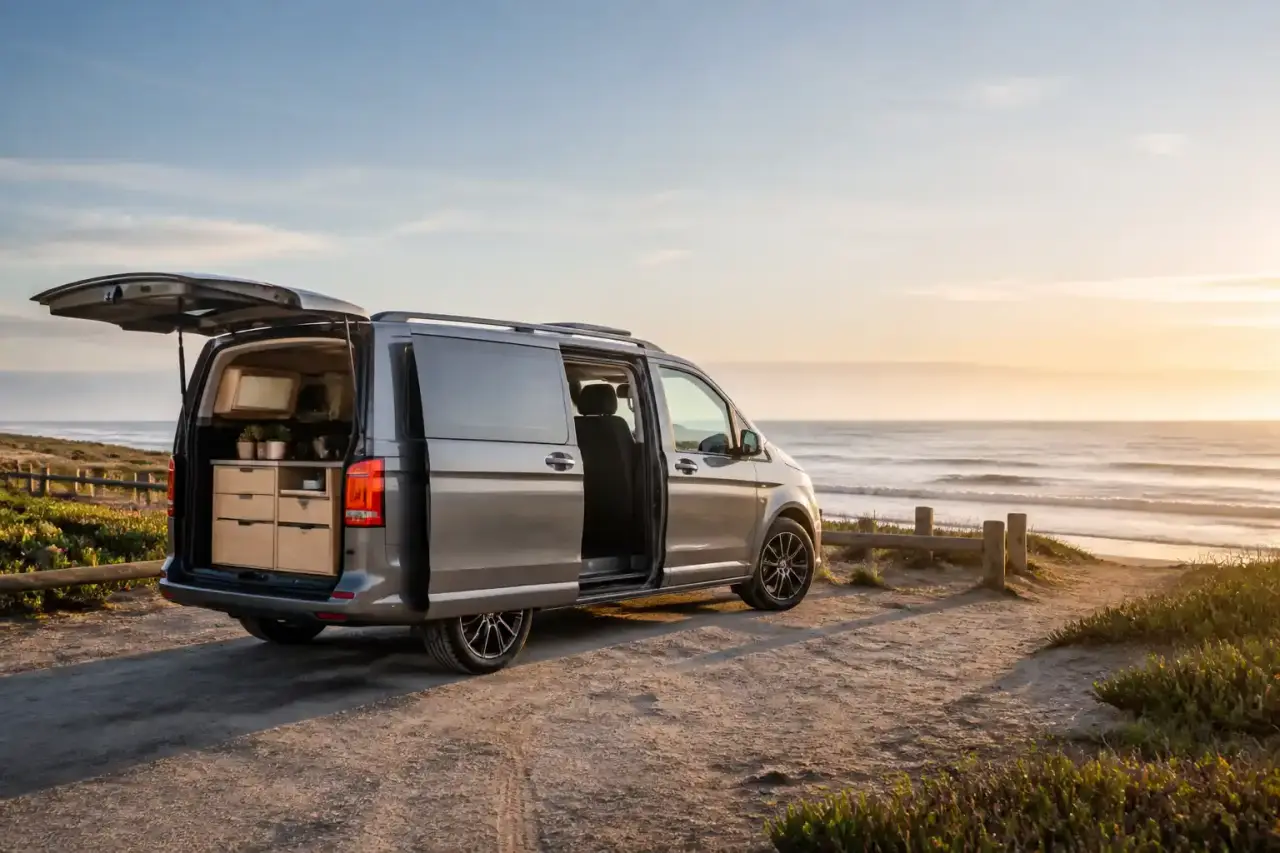 Van compact aménagé stationné près des dunes de la côte landaise au coucher du soleil