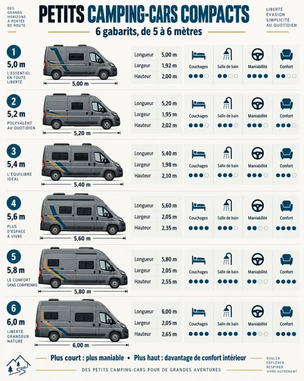 Infographie comparative des dimensions et équipements d'un petit camping car
