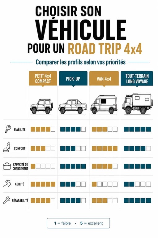 Infographie comparative pour un 4x4 road trip avec les critères de choix essentiels