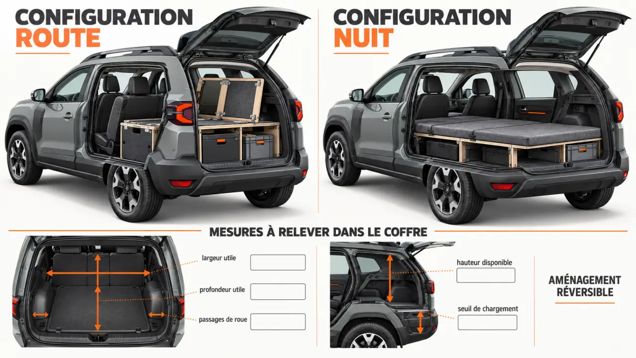 Plan aménagement Duster réversible avec plateforme pliable et configuration couchage