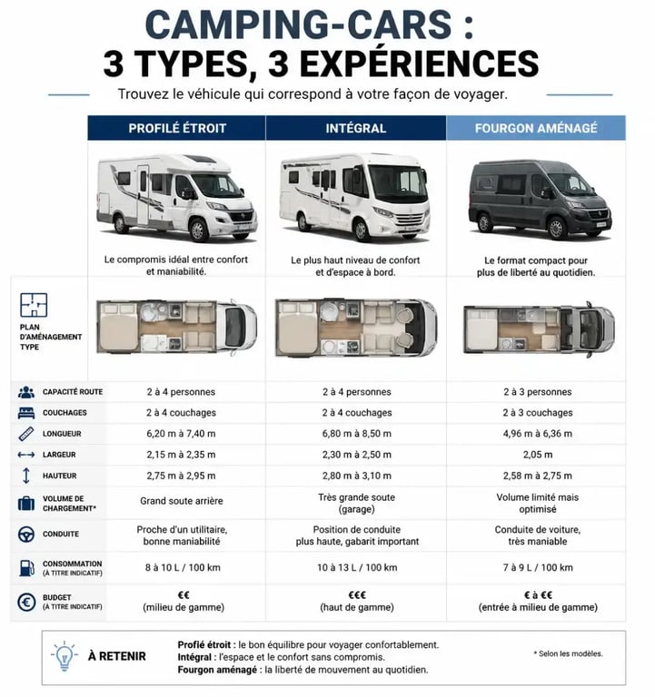 Comparatif des types de camping-car 2 couchages : profilé, intégral et fourgon aménagé