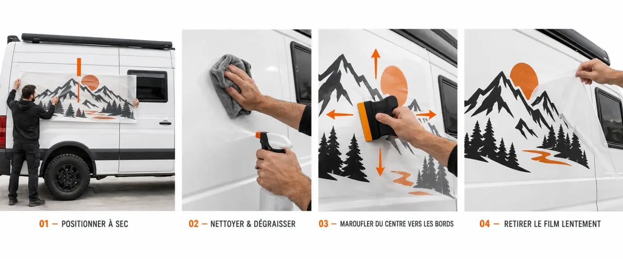Étapes de pose de stickers van aménagé sur la carrosserie d’un fourgon