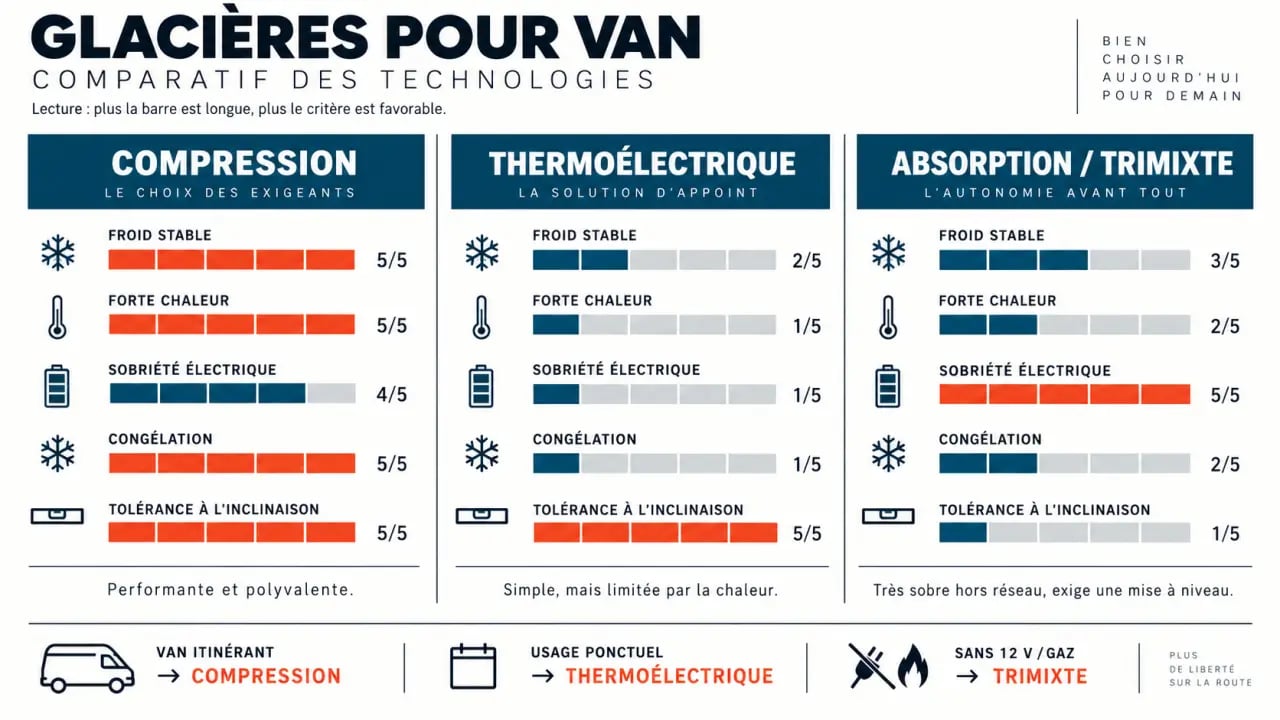 Comparatif visuel de la meilleure glacière à compression pour van face aux technologies thermoélectrique et trimixte