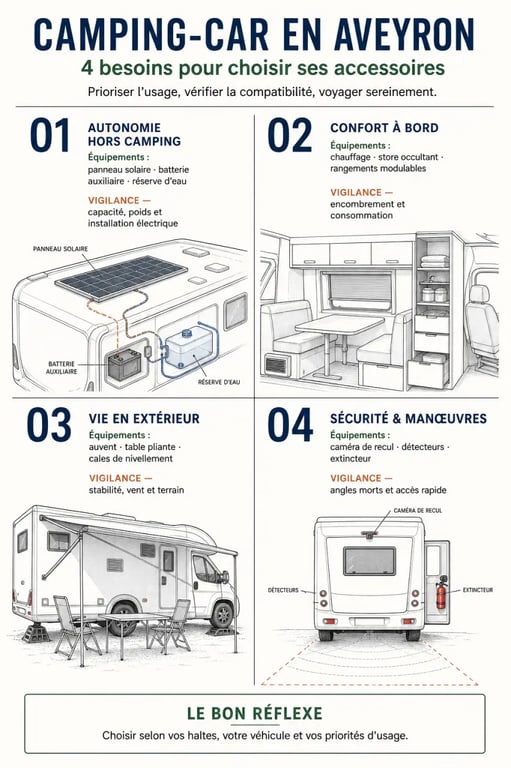 Infographie sur les accessoires camping-car Aveyron classés par besoin de voyage