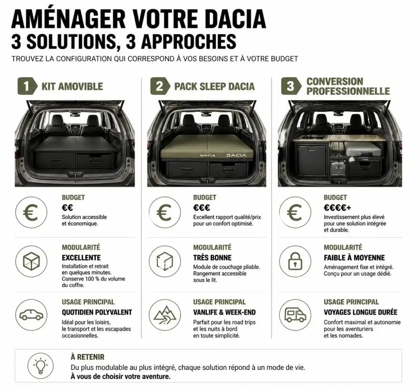 Tableau comparatif des solutions pour transformer un van aménagé Dacia : kits amovibles, Pack Sleep et conversions professionnelles.