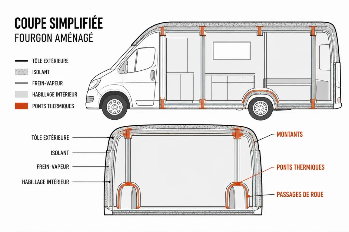 Isolation fourgon aménagé : coupe simplifiée des couches et des ponts thermiques
