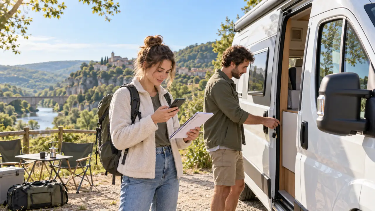 Van aménagé prêt à partir sur une route panoramique