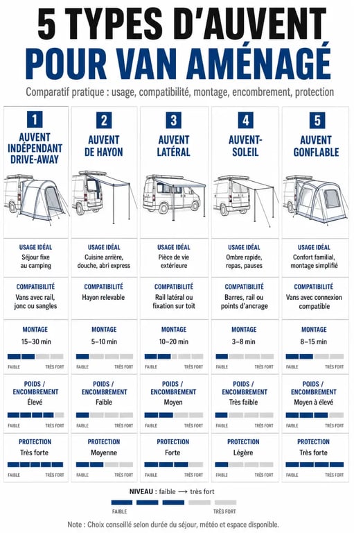 Comparatif des types d’auvent van aménagé avec usages, compatibilité et montage