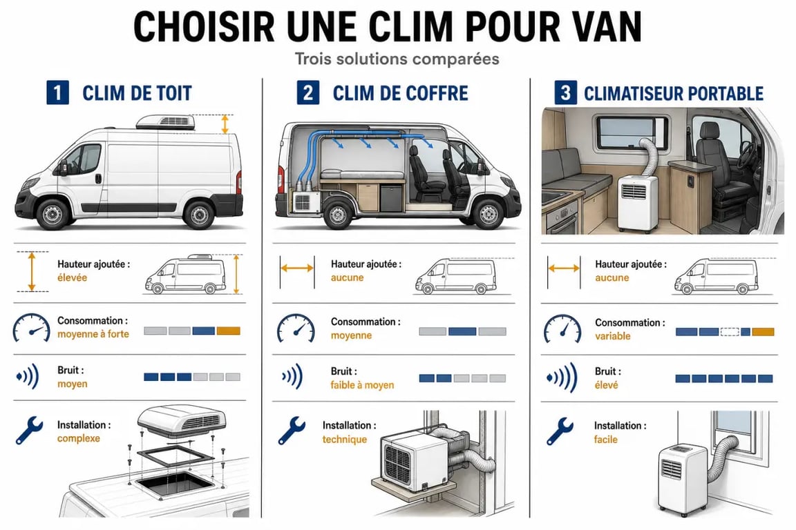 Comparatif climatiseur van aménagé entre clim de toit, clim de coffre et climatiseur portable