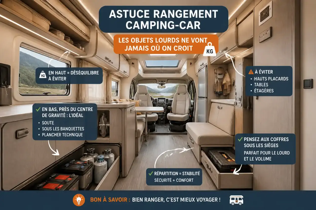 Astuce rangement camping-car : les objets lourds ne vont jamais où on croit