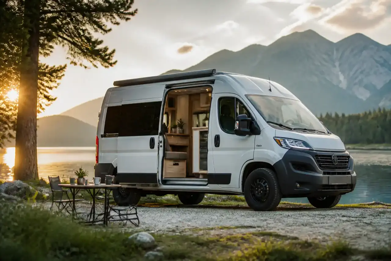 Van aménagé prêt pour un roadtrip au coucher du soleil