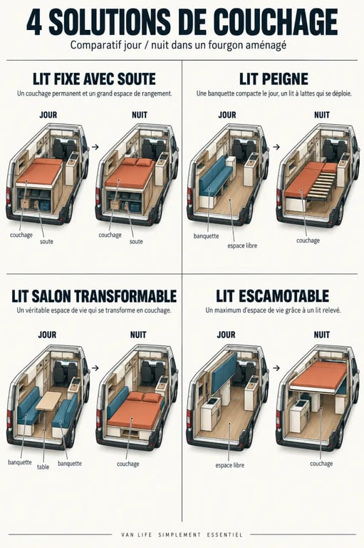 Infographie des solutions d’aménagement lit fourgon : lit fixe, lit peigne, lit salon et lit escamotable