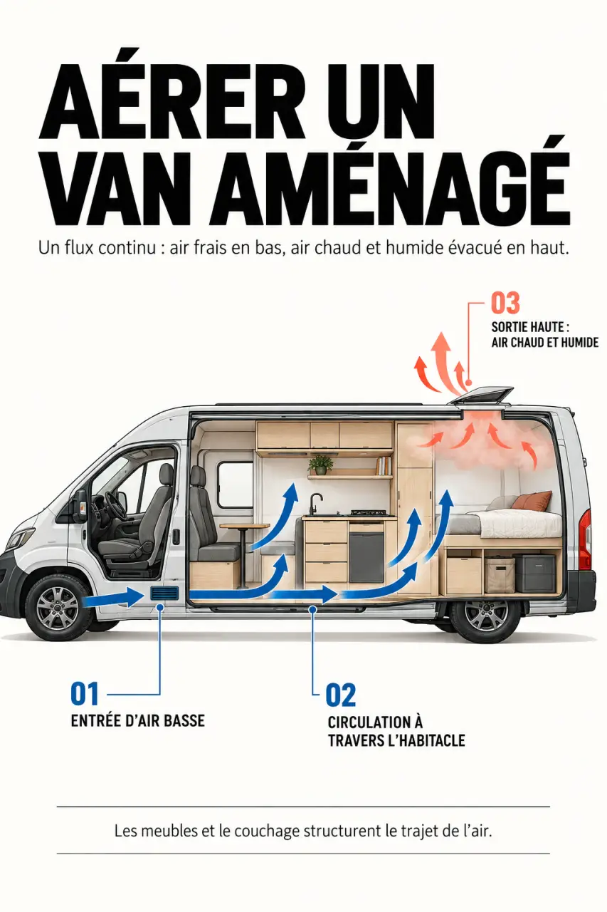 Schéma de l’aération d’un van aménagé avec entrée d’air basse et sortie haute