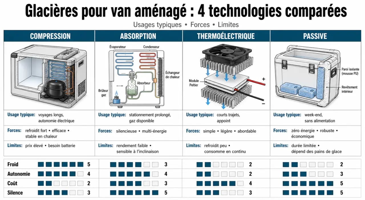 Glacière van aménagé : comparaison visuelle des technologies compression, absorption, thermoélectrique et passive