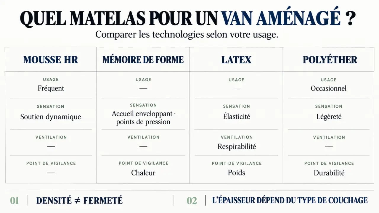 Infographie comparative des technologies de matelas van aménagé