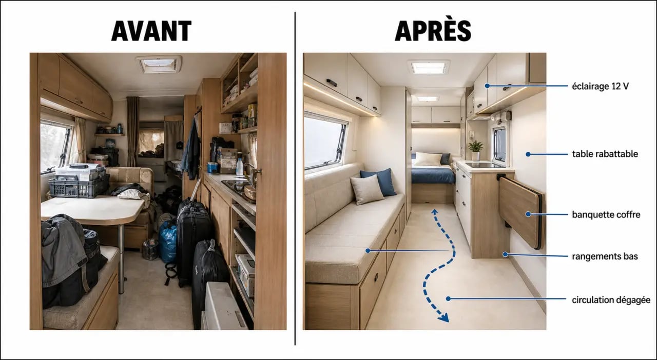 Avant/après d’un aménagement intérieur caravane avec rangements compacts et table rabattable