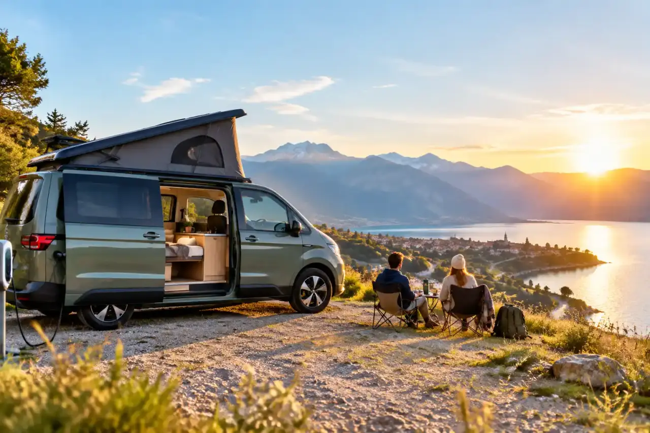 Van aménagé électrique stationné face à un paysage naturel