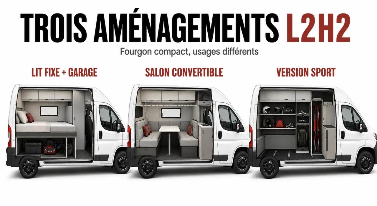 Plan amenagement fourgon l2h2 : comparaison visuelle des configurations lit fixe, banquette convertible et grand garage