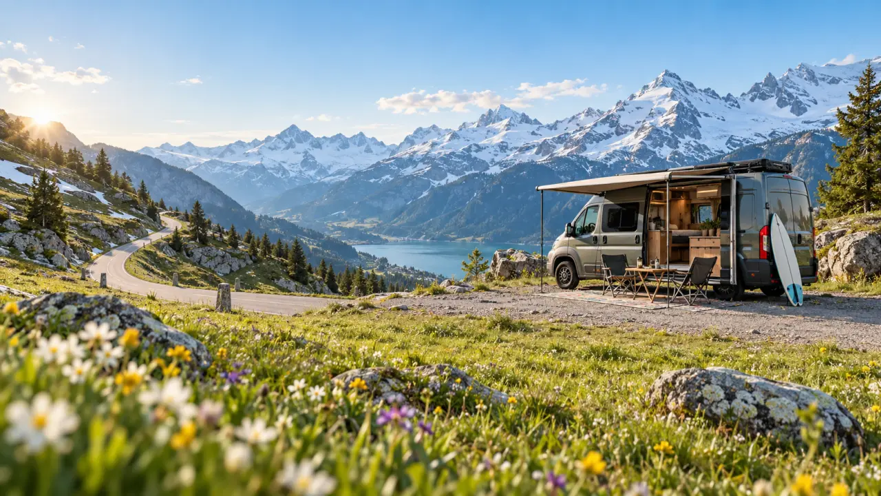 Van aménagé stationné dans un paysage naturel entre montagne et forêt
