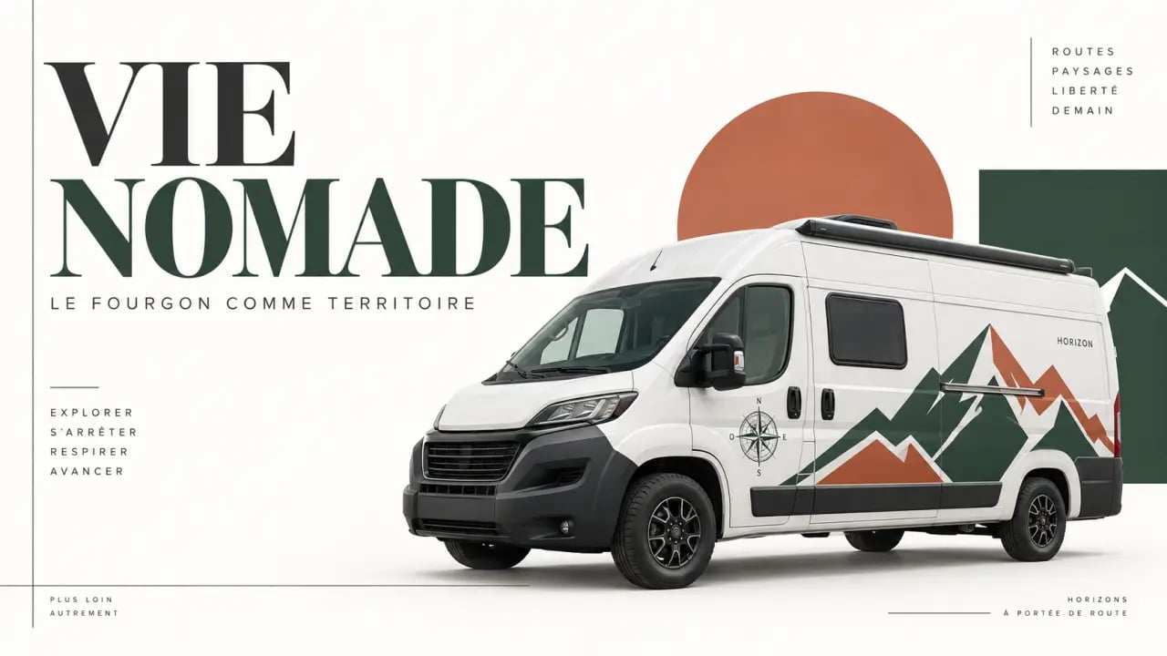Exemple de stickers van aménagé avec décor de montagne, boussole et lettrage personnalisé