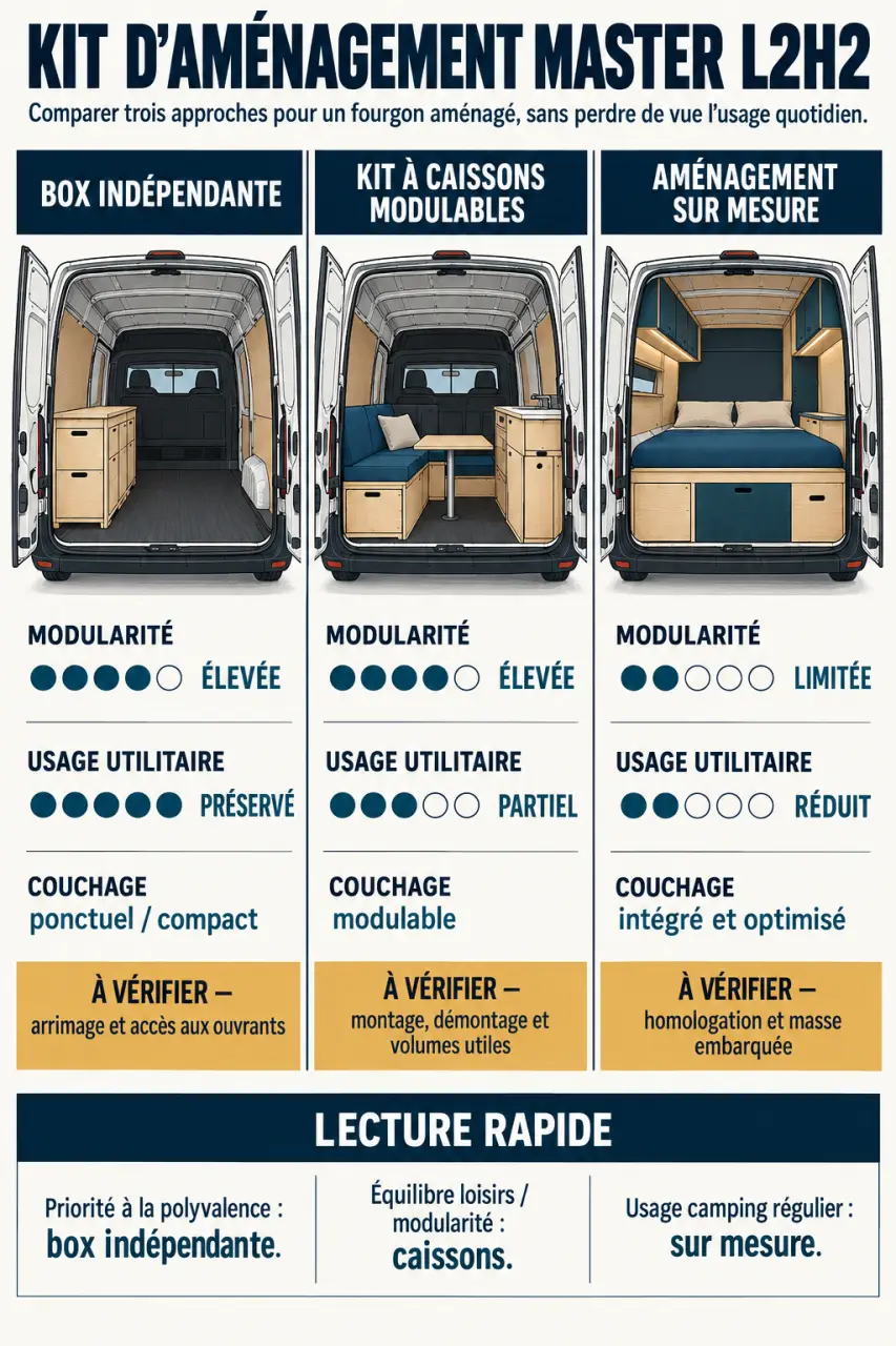 Kit aménagement Master L2H2 camping-car : comparaison entre box, modules et aménagement sur mesure