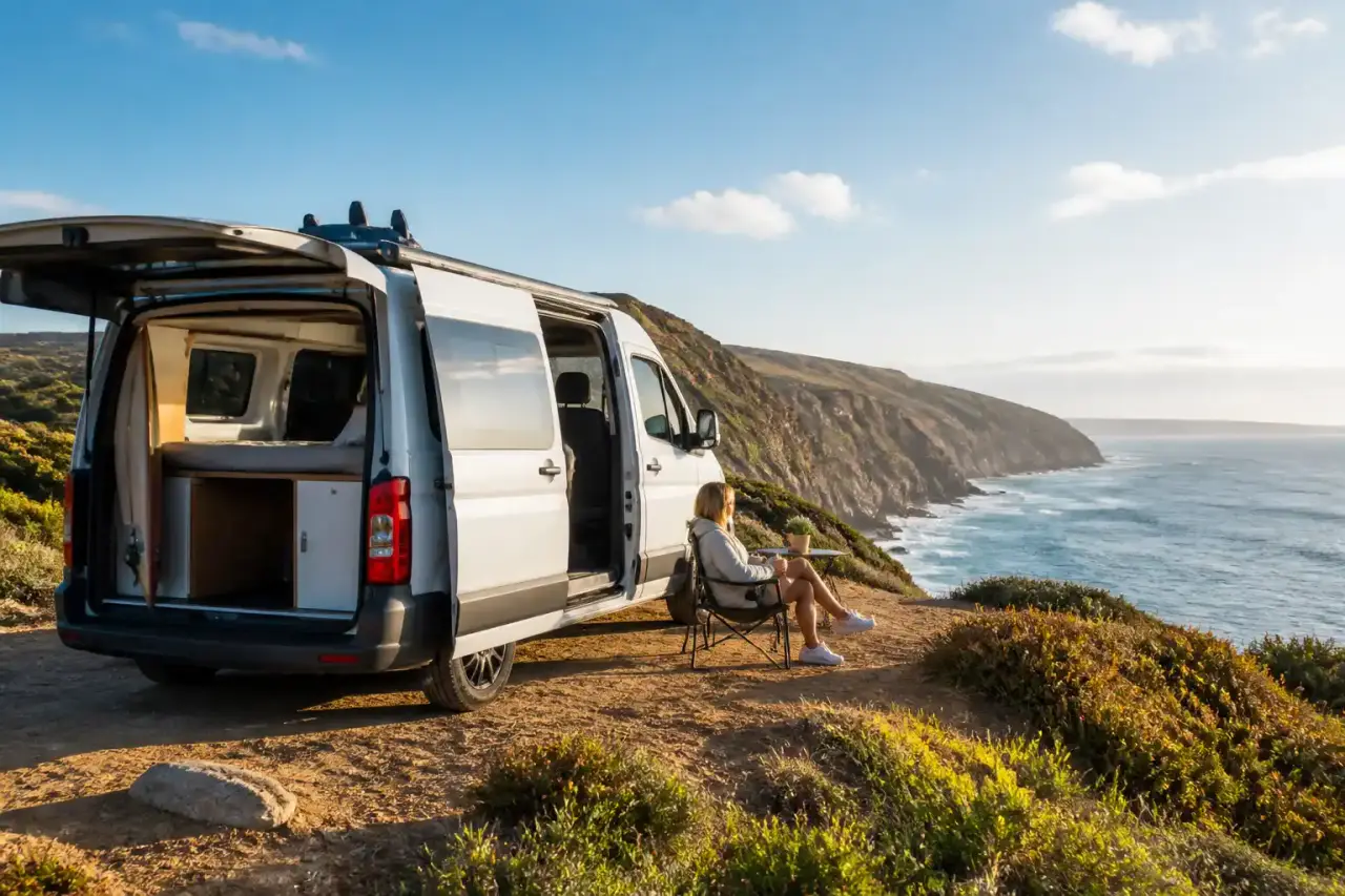 Van aménagé Roadventure garé face à un paysage grandiose au coucher du soleil