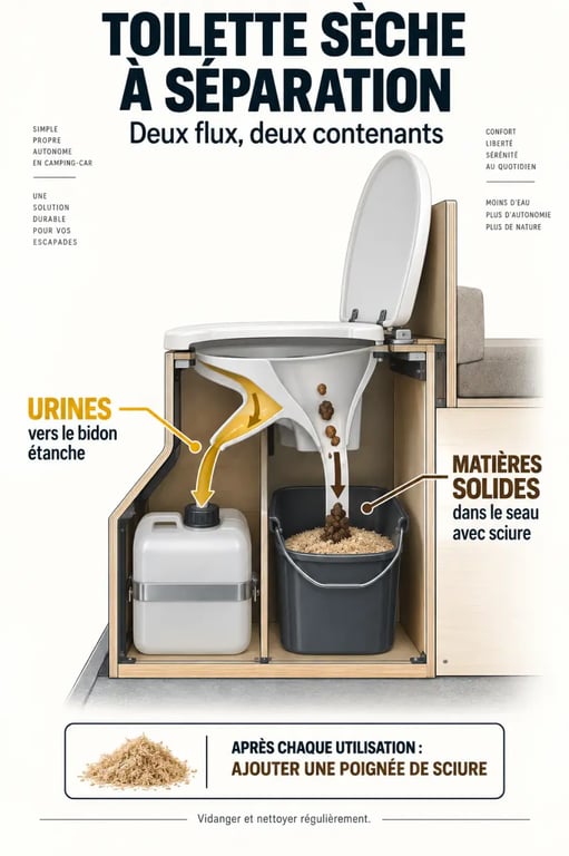 Schéma de toilette sèche dans camping-car à séparation des urines et des matières solides