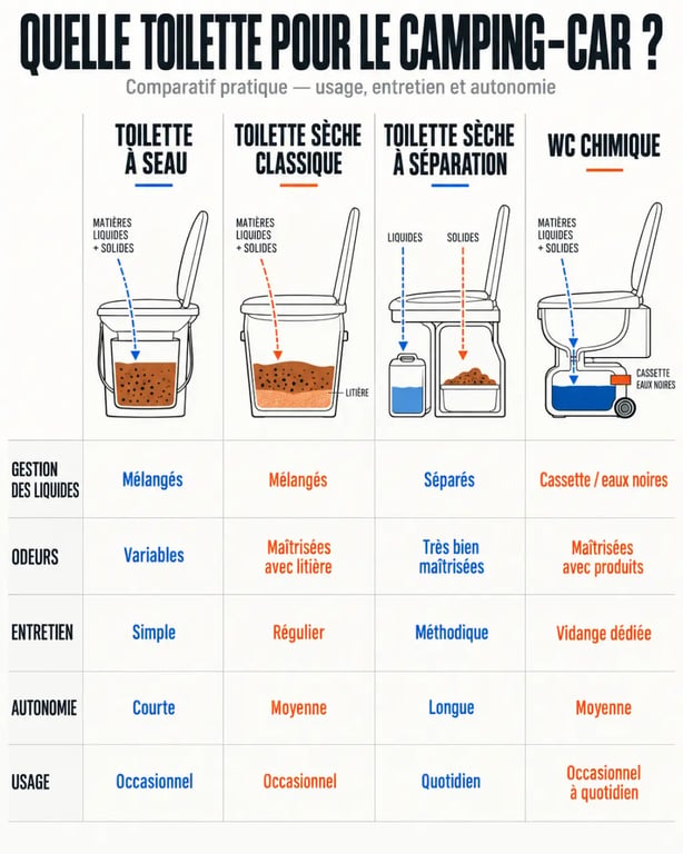 Comparatif des solutions de toilette sèche dans camping-car, toilette à seau et WC chimique
