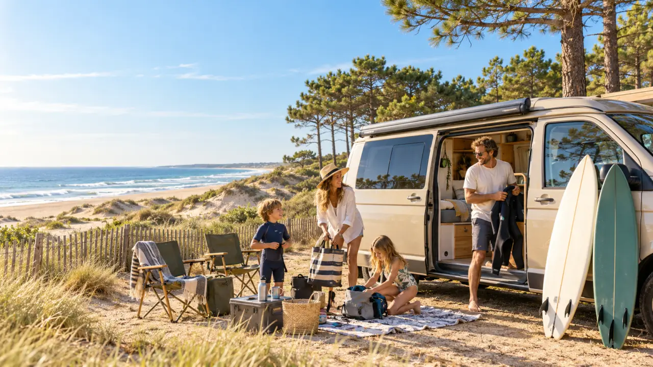 Van aménagé stationné près d'une plage dans les Landes, en famille