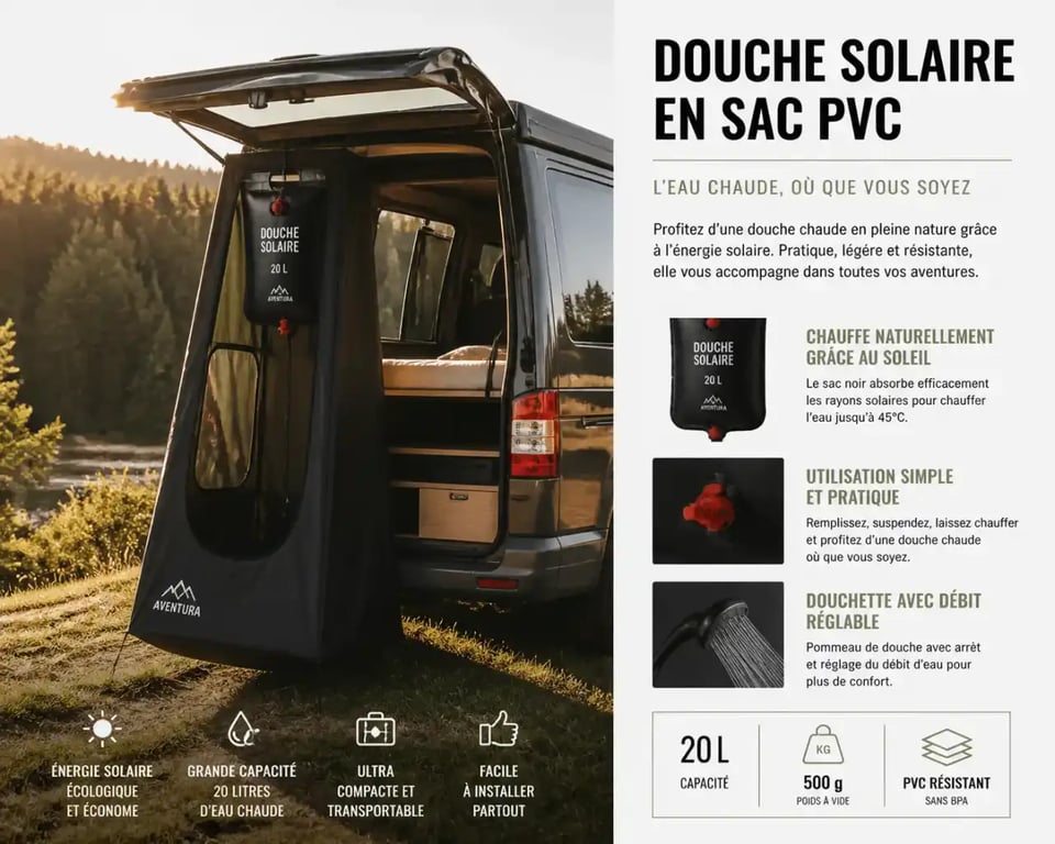 Douche solaire et tente de douche sous hayon pour van aménagé en extérieur