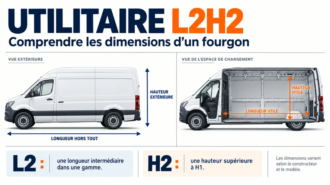 Infographie sur les dimensions L2H2 d’un utilitaire, entre dimensions extérieures et dimensions utiles