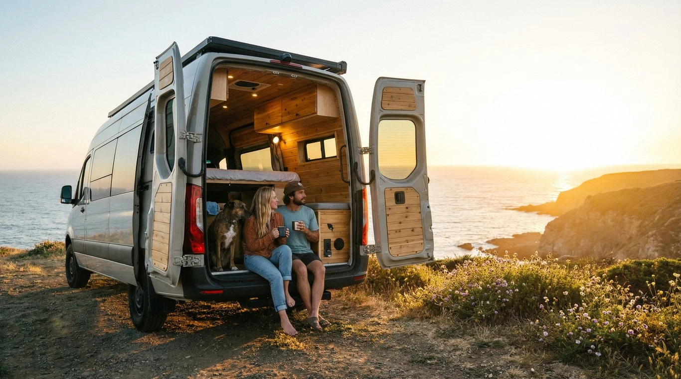 Van aménagé au bord d'une falaise au coucher du soleil