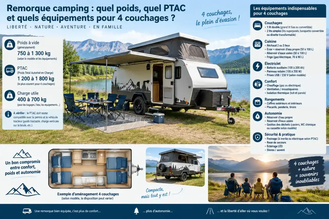 Remorque camping : quel poids, quel PTAC et quels équipements pour 4 couchages ?