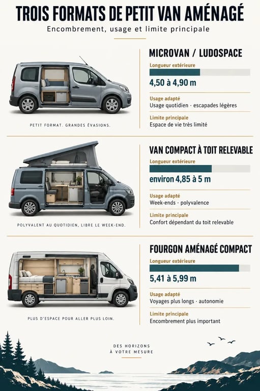 Infographie comparative des formats de petit van aménagé selon la longueur, l'usage et l'encombrement