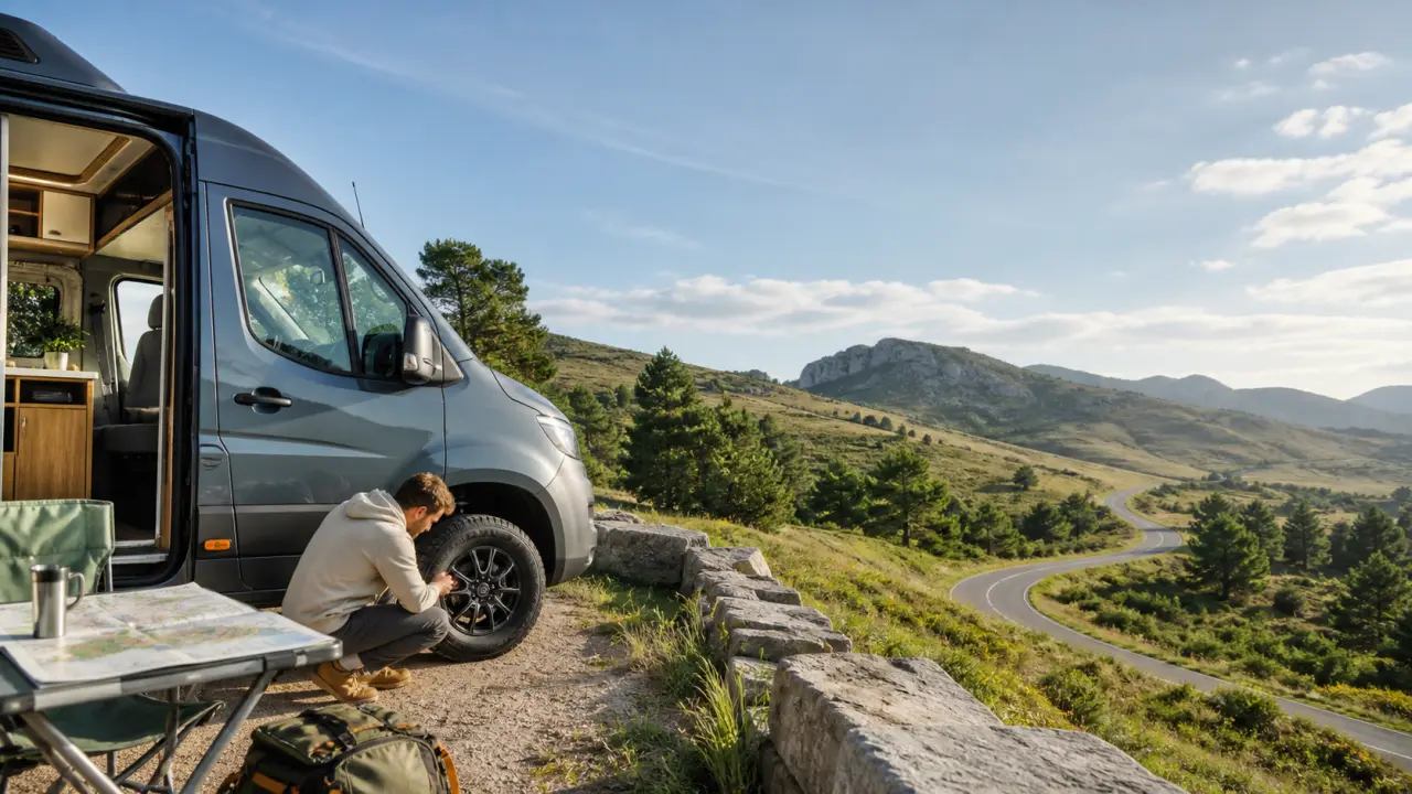 Van aménagé prêt au départ sur une route panoramique