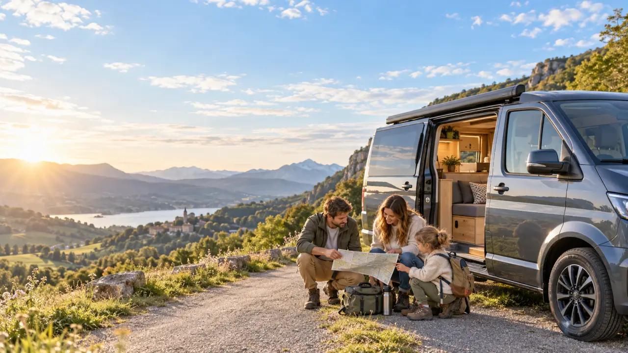 Van aménagé prêt à partir sur une route panoramique
