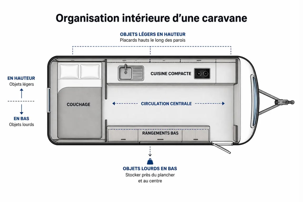 Schéma de répartition pour un aménagement intérieur caravane avec couchage, cuisine et rangements