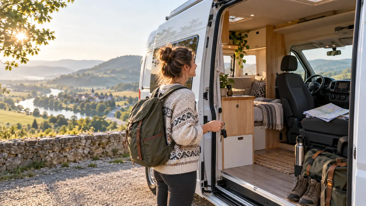 Couple découvrant l'intérieur d'un van aménagé avant son départ en roadtrip