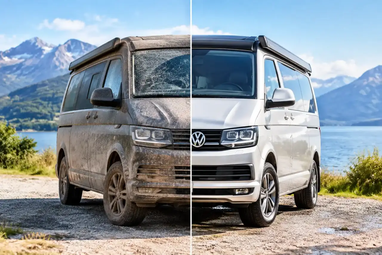 Van aménagé avant et après un lavage intégral, prêt à partir en roadtrip