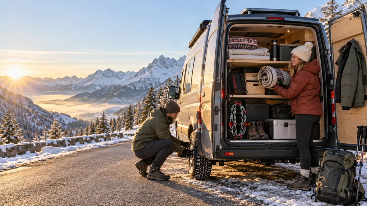 Van aménagé stationné dans un paysage hivernal enneigé