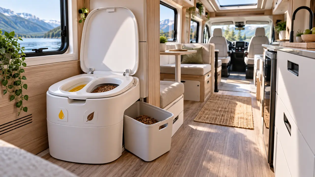 Toilette sèche dans un camping-car : la séparation réduit les odeurs et simplifie la vidange