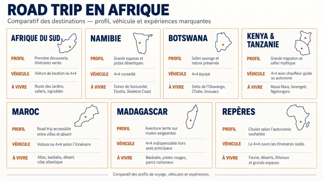 Infographie comparative des destinations pour un road trip Afrique