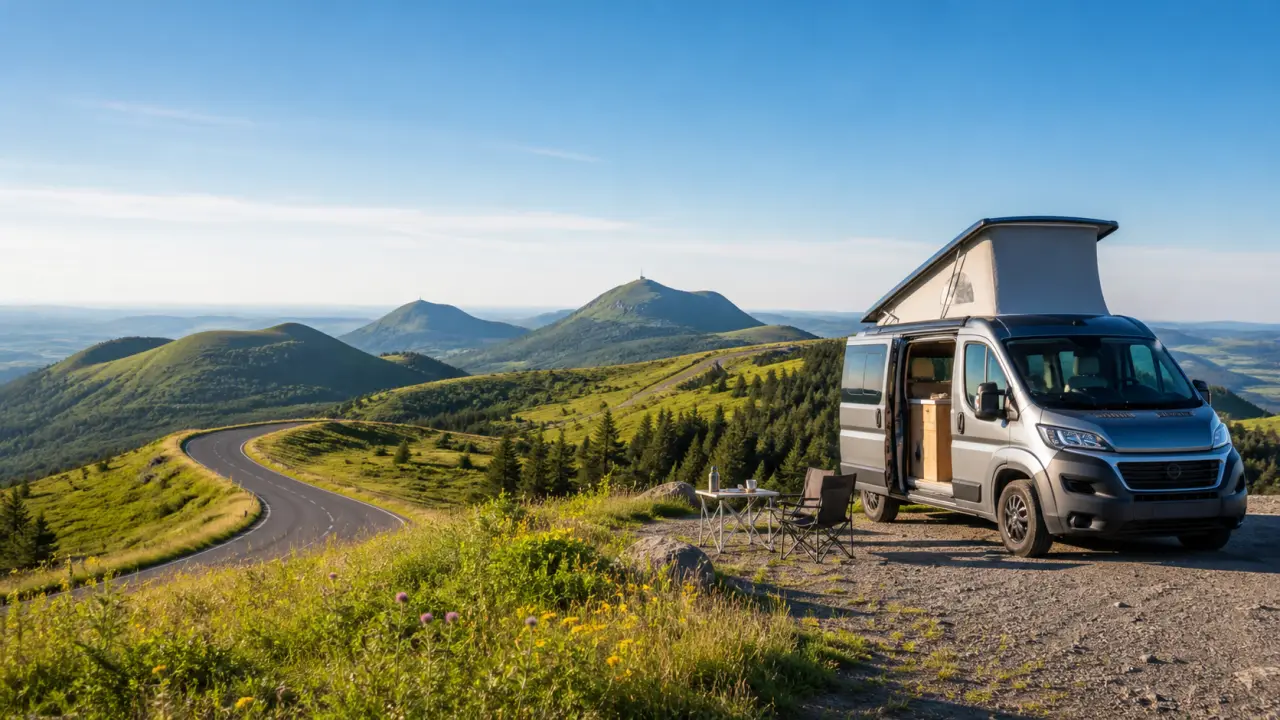 Van aménagé en Auvergne au coucher du soleil
