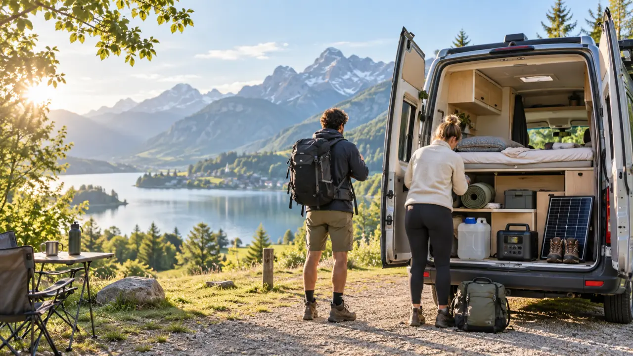 Van aménagé prêt à partir pour un roadtrip en pleine nature