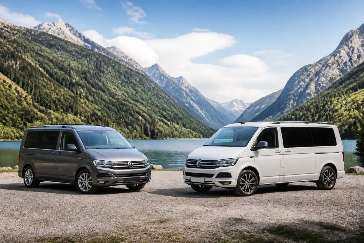 Van compact et fourgon familial aménagés côte à côte au bord d'une route de montagne