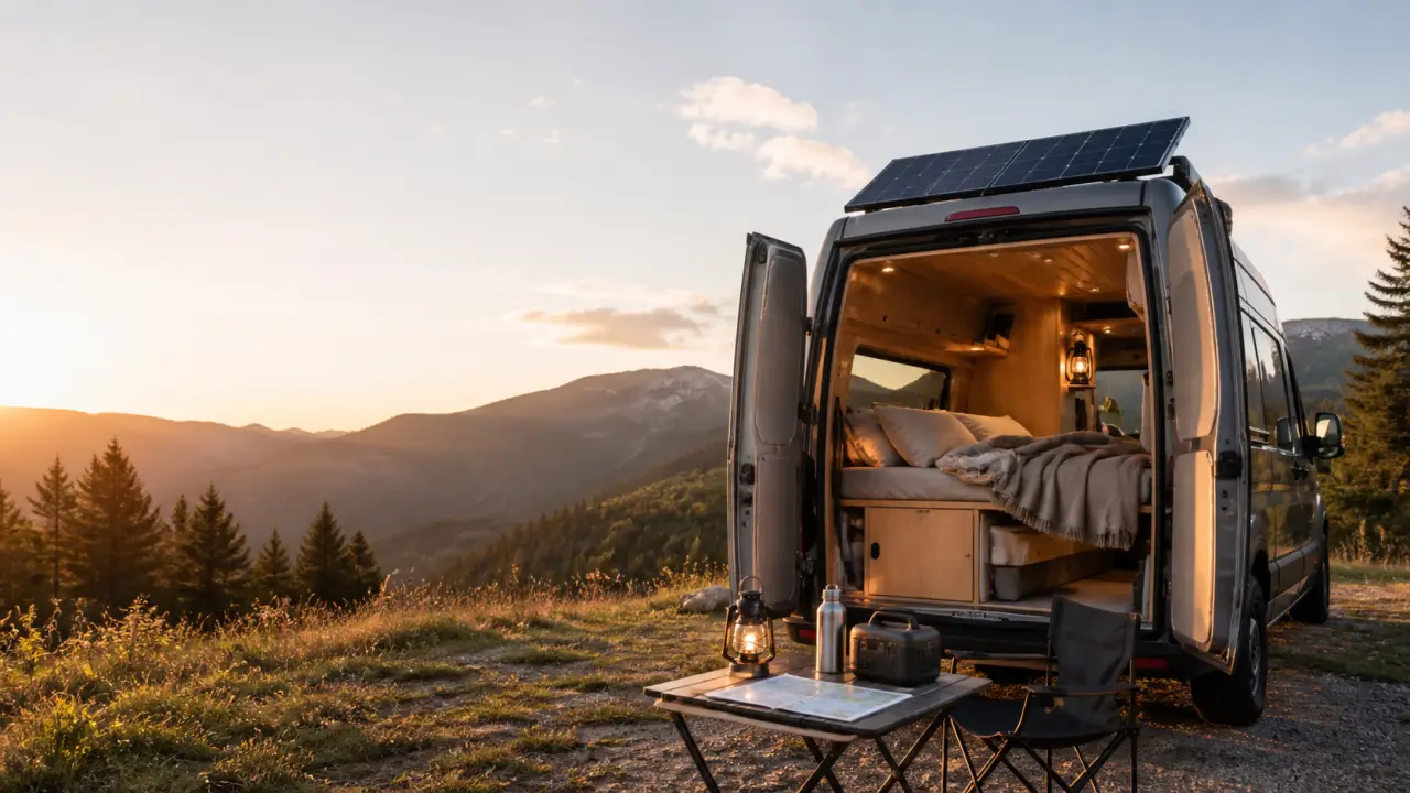Van aménagé installé dans un paysage naturel pour une nuit hors réseau