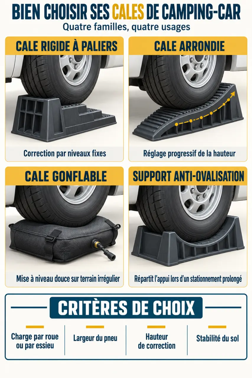 Comparatif visuel des cales de camping car rigides, arrondies, gonflables et anti-ovalisation