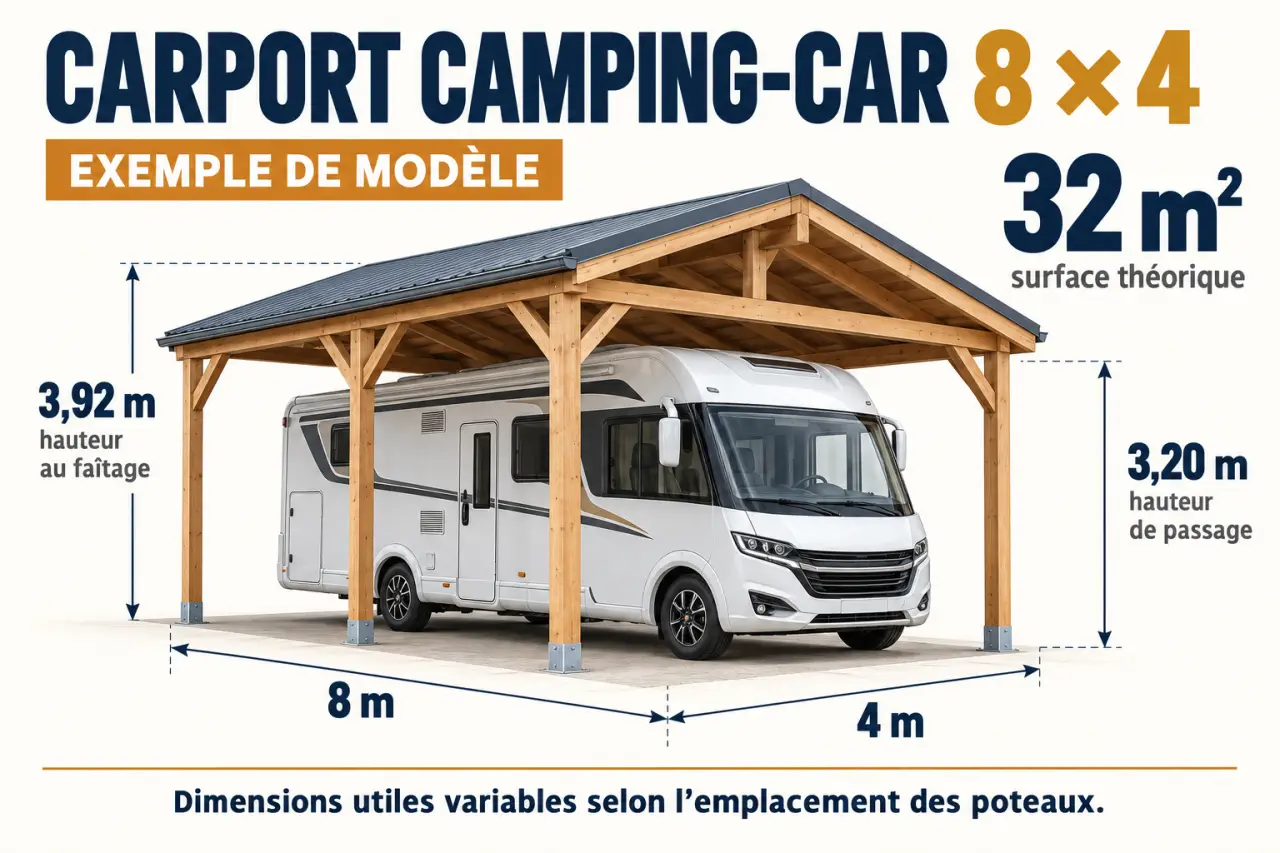 Infographie d’un carport camping-car 8x4 avec dimensions annoncées, hauteur de passage et hauteur au faîtage