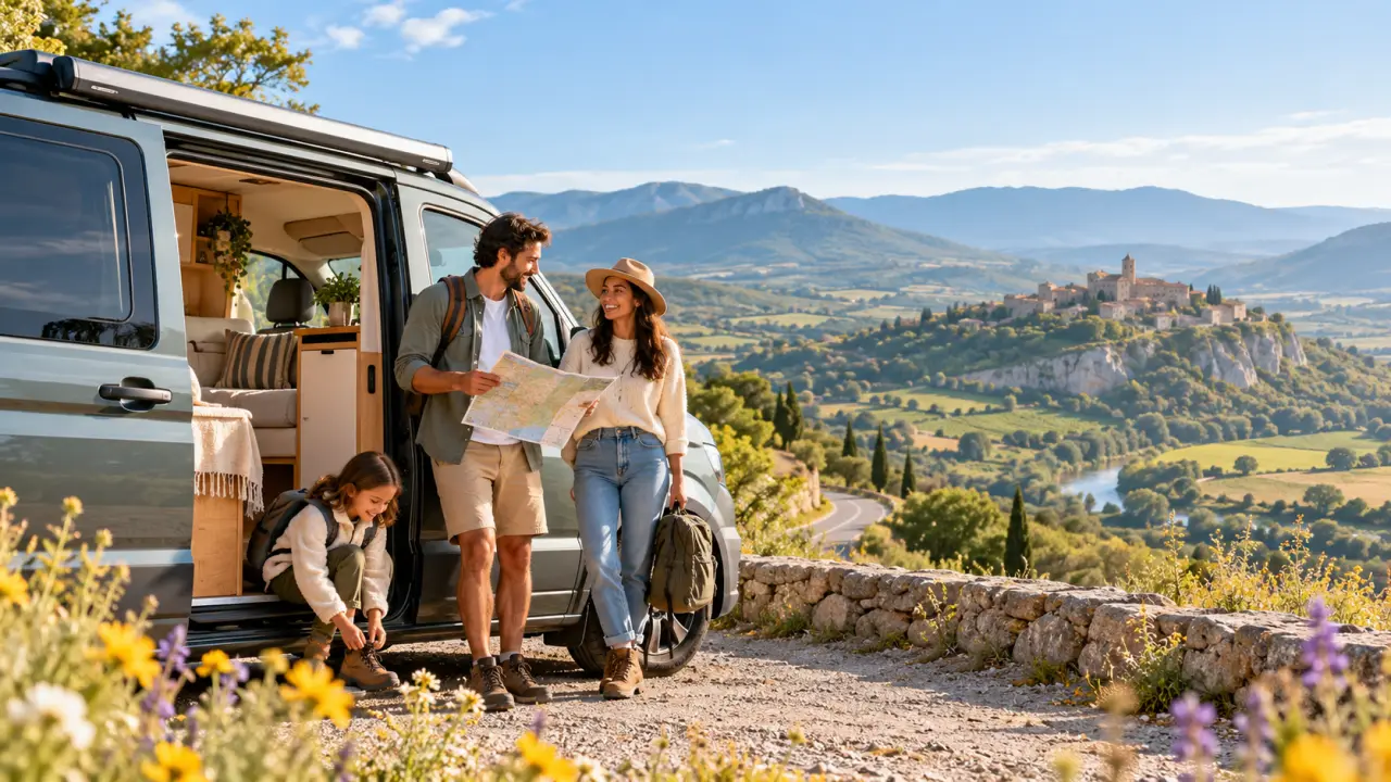 Van aménagé face à un paysage naturel pour un roadtrip en liberté