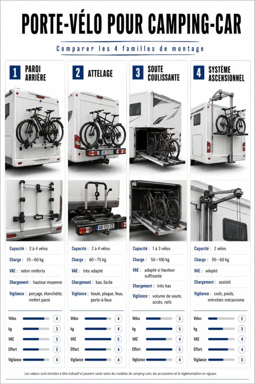 Porte velo pour camping car : infographie comparative des types de fixation, de la charge admissible et de la compatibilité vélos électriques